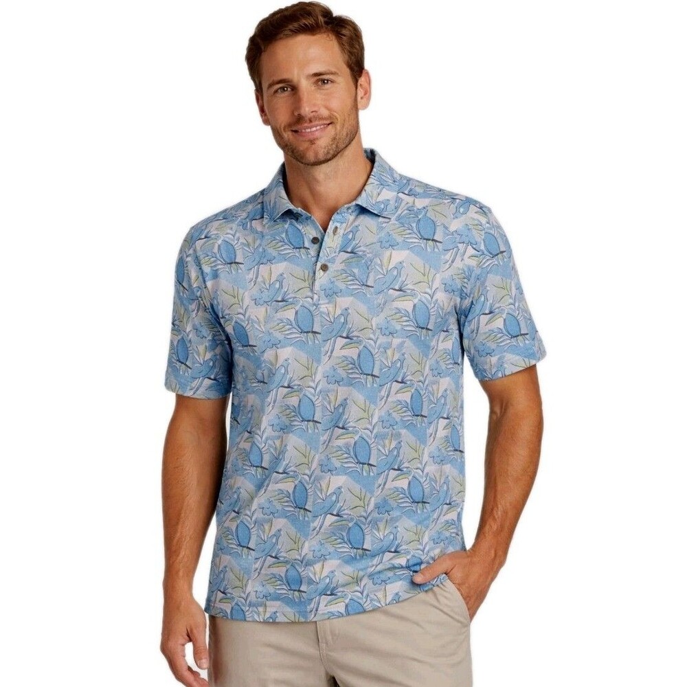 NICKLAUS Mens M Golf Polo Shirt Eco Choice Birds Floral Print Short Sleeve Blue